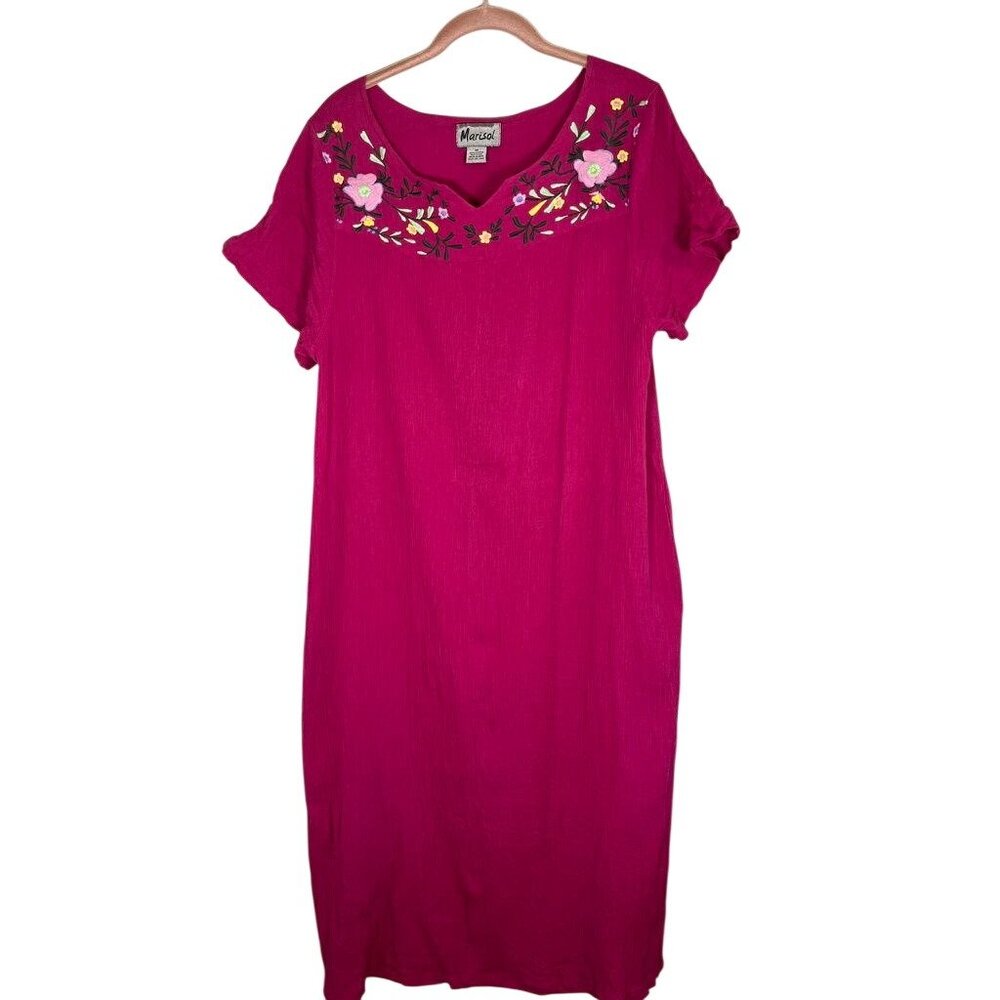 Colorful Crinkle Maxi Dress Pink M Summer Beach Boho Cottage Feminine Embroidery